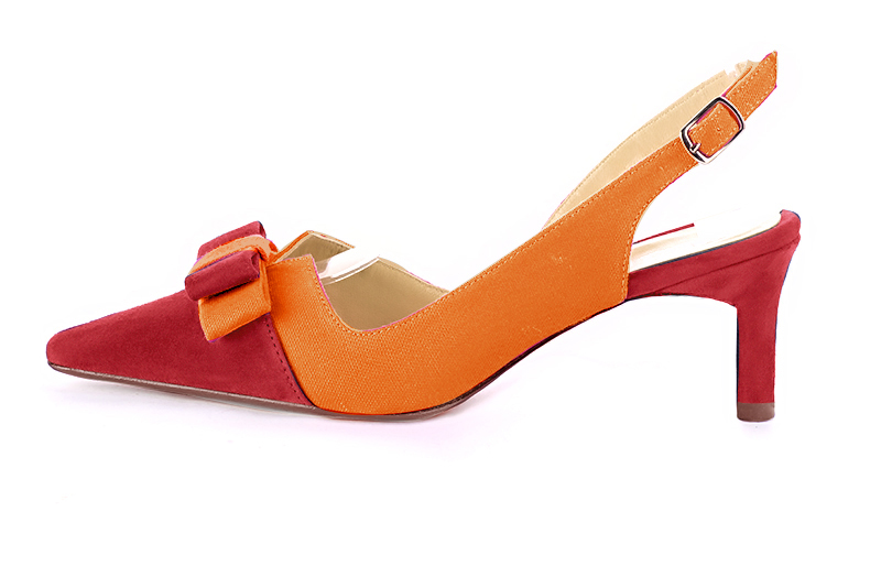 Scarlet red and apricot orange women's open back shoes, with a knot. Tapered toe. Medium comma heels. Profile view - Florence KOOIJMAN